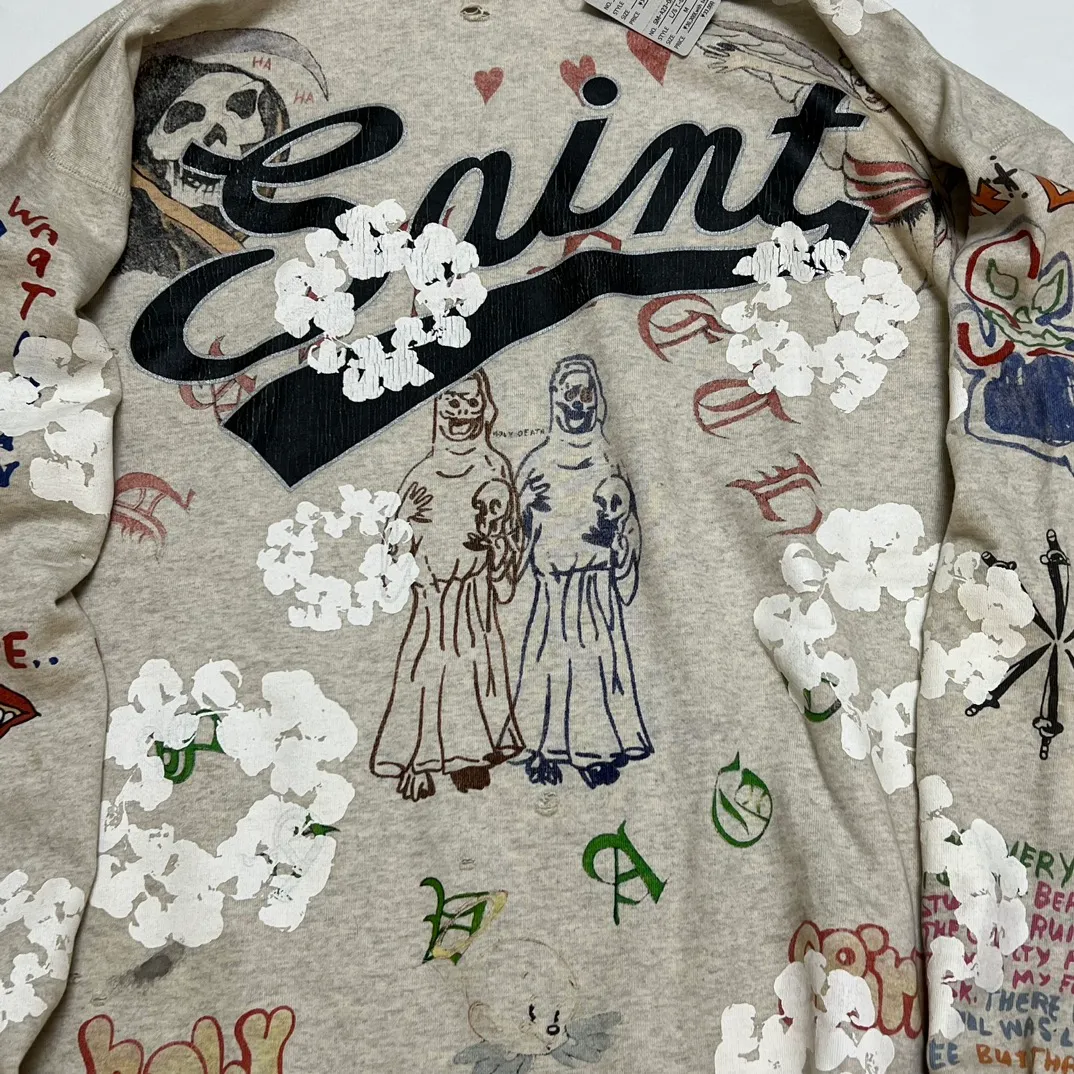DENIM TEARS × ©SAINT M×××××× "SAINT TEARS" Graffiti Hoodie Joint Model Cotton Graffiti Hoodie Fully Printed Washed Distressed Holes Vintage Sweatshirt Gray S-XL Super Heavy Duty! The whole piece is printed with 35 screens and counterpoint printing!